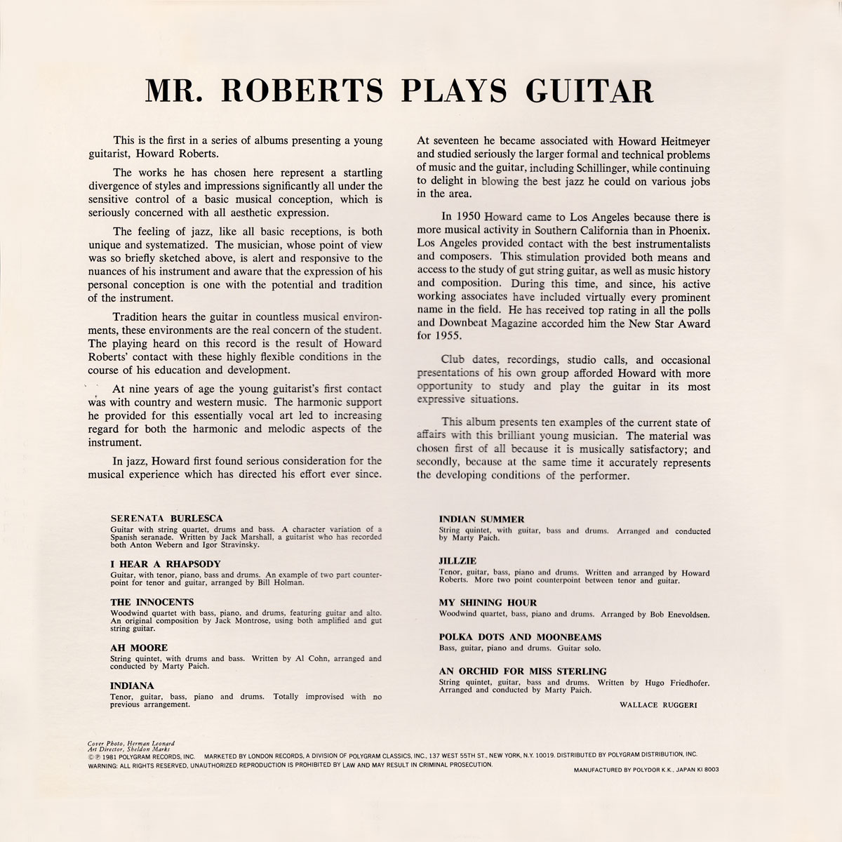 Howard Roberts - Mr. Roberts Plays Guitar - Back cover